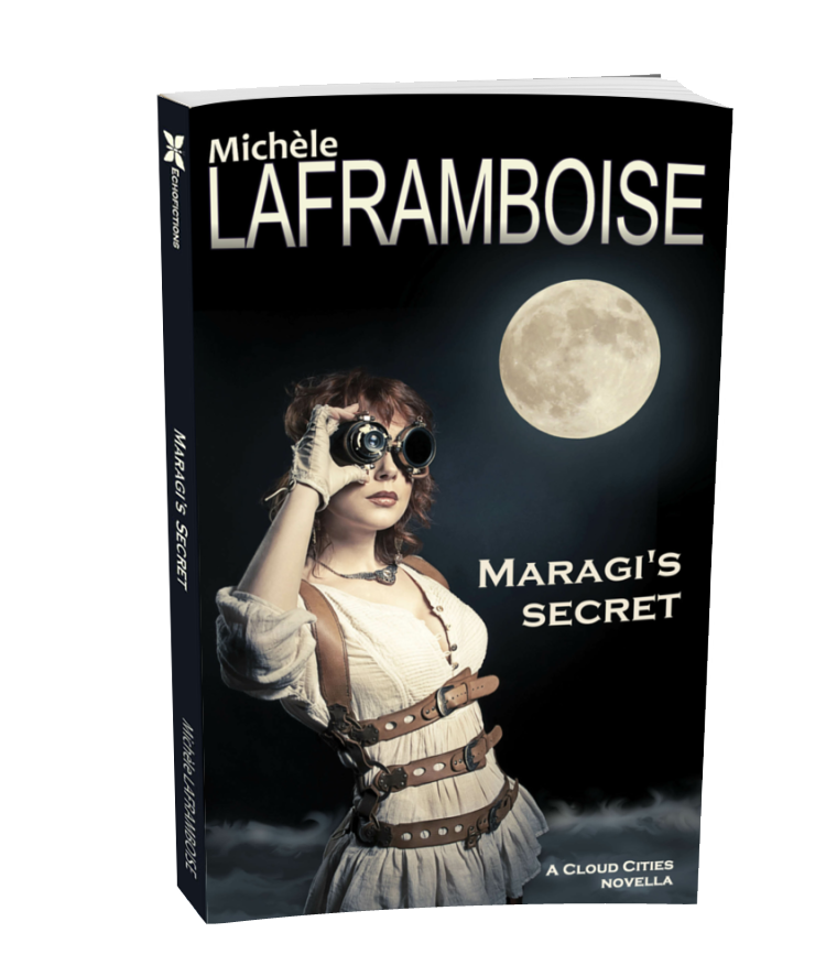 Book cover of 'Maragi's Secret' by Michèle Laframboise with a woman holding binoculars and a moon in the background.