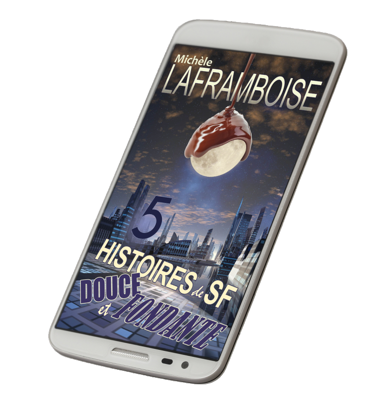Phone displaying an eBook cover with a chocolate-covered ice cream and cityscape