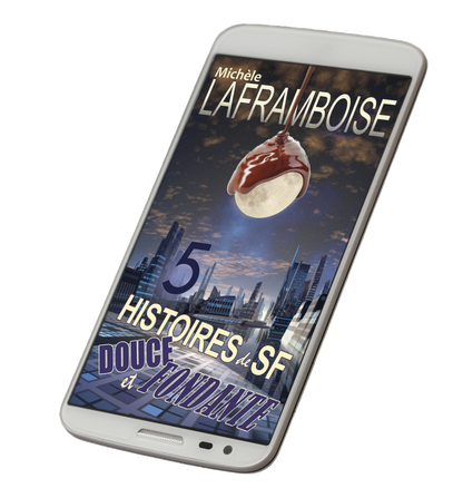 Phone displaying an eBook cover with a chocolate-covered ice cream and cityscape