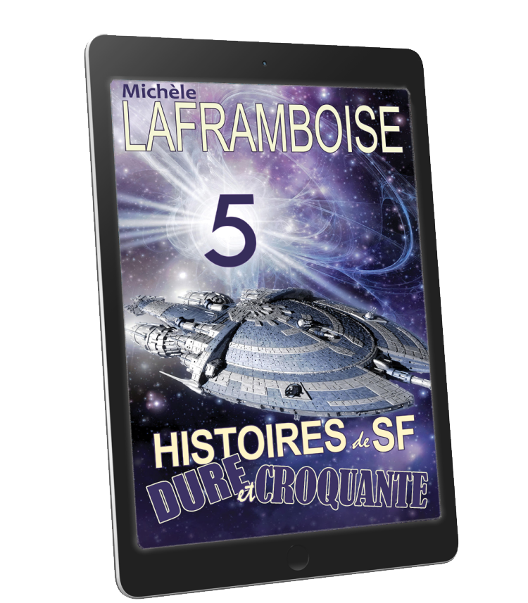 E-reader displaying a book cover with a spaceship and text about science fiction stories.