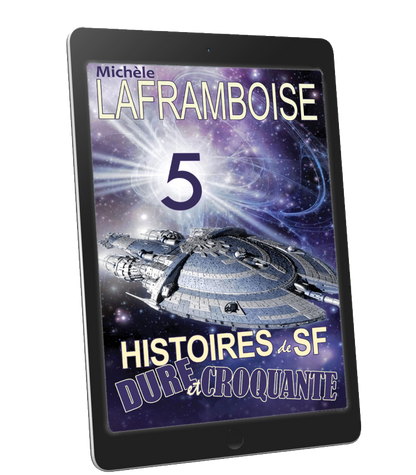 E-reader displaying a book cover with a spaceship and text about science fiction stories.