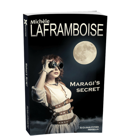 Book cover of 'Maragi's Secret' by Michèle Laframboise with a woman holding binoculars and a moon in the background.