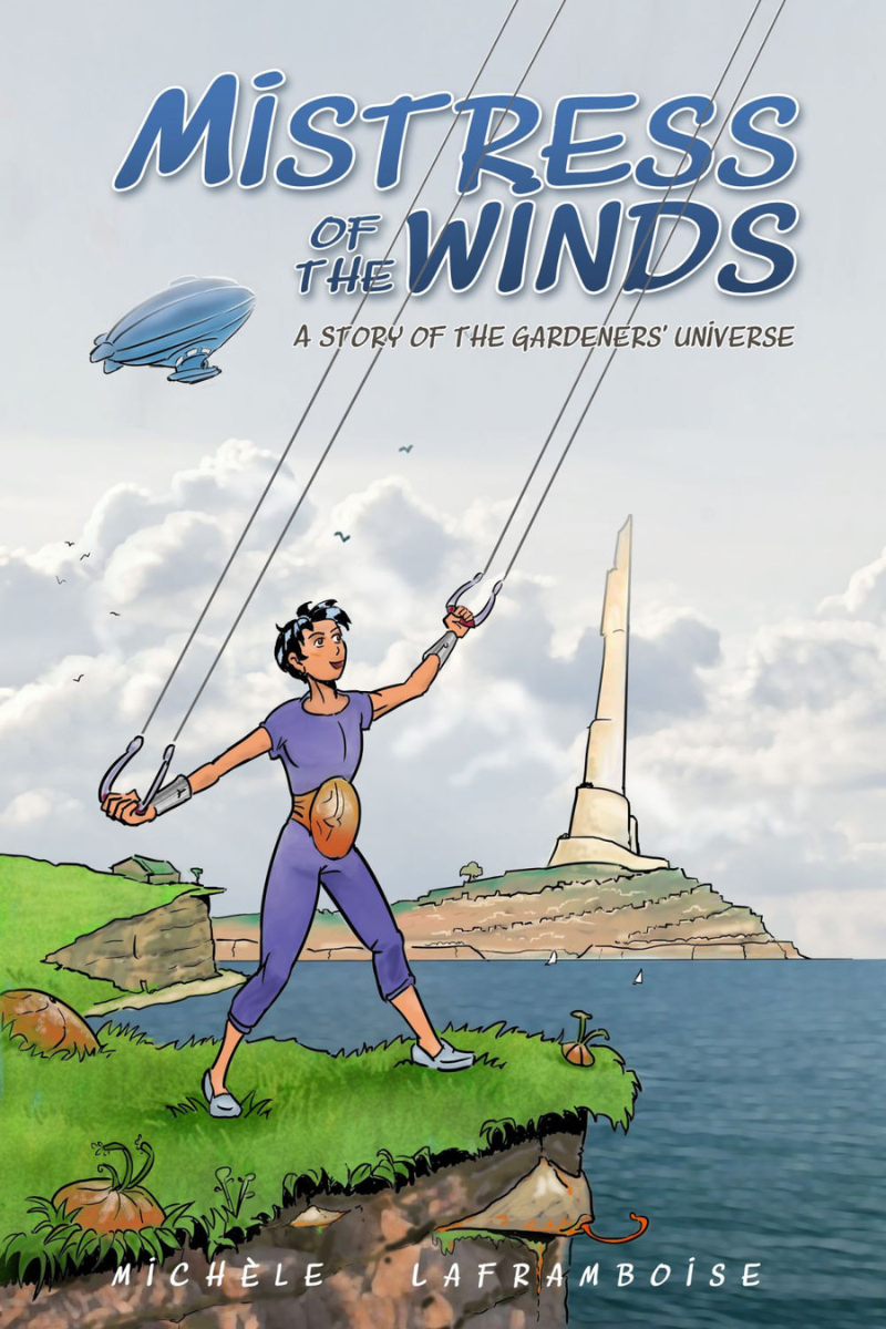 A young girl holding a kite's cords, close a city by the sea. 