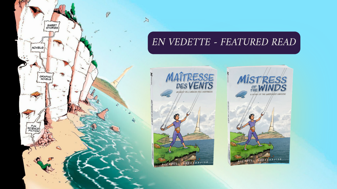 Cartoon map of a coastal area with two book covers titled 'Maitresse des Vents' and 'Mistress of the Winds'.